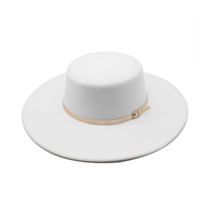 Elegant white flat top wool felt boater hat with a slim gold buckle band and 10cm wide brim