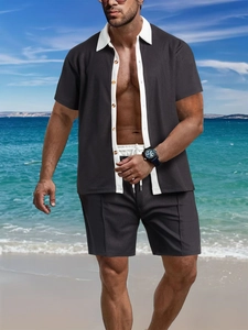Ensemble d'été décontracté en tricot gaufré gris foncé pour homme avec short de plage