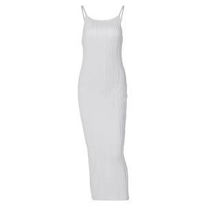 Detail of white pleated texture and thin straps on this slim fit maxi bodycon dress