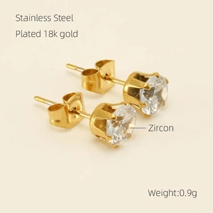 Detailed view of 18k gold plated stainless steel stud earrings with zircon stones