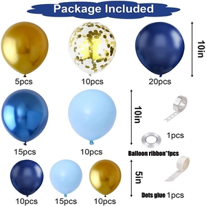 Blue and gold birthday balloon arch kit with latex balloons and DIY assembly accessories