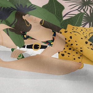 Detailed twill texture of a tropical tapestry showing a woman with a golden leopard