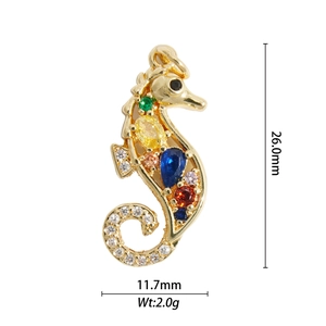 Gold-plated seahorse pendant with colorful zircons, size 26.0mm x 11.7mm, jewelry making