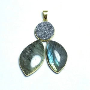 Handmade gold plated labradorite and purple druzy stone pendant for necklace fashion
