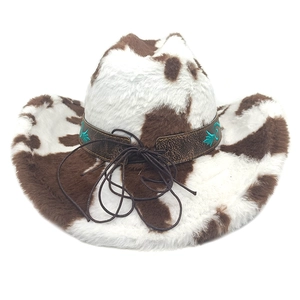 Détail d'un chapeau de cowboy en fausse fourrure avec bande brodée et surpiqûres