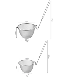Detailed size and weight specifications for 304 stainless steel mesh hot pot strainers