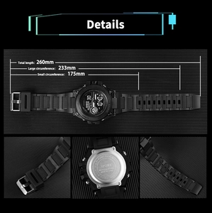 Detailed view of digital sports watch dimensions and adjustable rubber strap parts