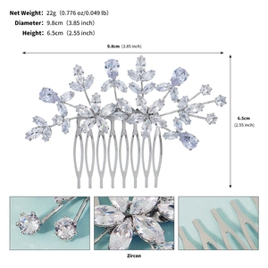 Dimensions détaillées du peigne à cheveux en zircon argenté avec pierres de coupe marquise