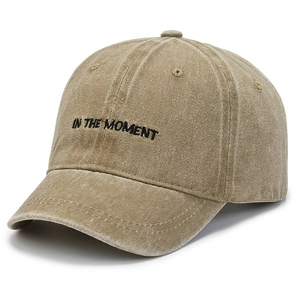 Khaki washed cotton baseball cap with IN THE MOMENT embroidery and short brim