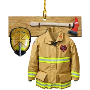 Flat acrylic firefighter Christmas ornament with fire suit, helmet, and axe on white background