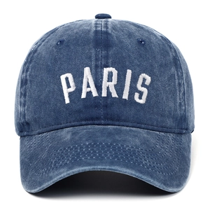 Classic washed denim blue cotton baseball cap with white PARIS embroidery on the front