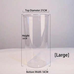 Large clear acrylic flower bucket showing dimensions 38cm height and 21cm top diameter