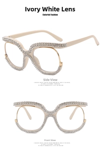 Detail view of cream white oversized glasses frame with sparkling rhinestone accents