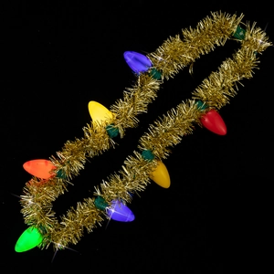 Christmas light bulb necklace with gold tinsel garland for holiday party costume decoration