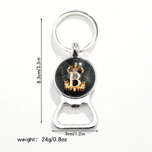 Detail view of the letter B bottle opener keychain with size and weight specifications