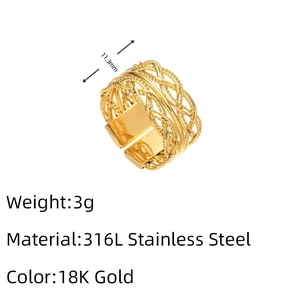 Detail view of 11.3mm woven titanium steel ring with 18K gold plating and weight specs