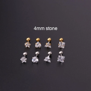 Lot de 8 boucles d'oreilles 4mm en zircone forme étoile cœur triangle carré or et argent