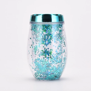 10oz U-shaped double-walled egg cup with teal lid and vibrant blue-green glitter