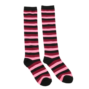 Detailed view of pink and black striped knee-high socks laid flat on a white background