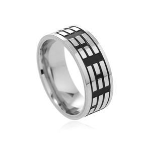 Vintage stainless steel ring for men with black enamel geometric pattern in silver