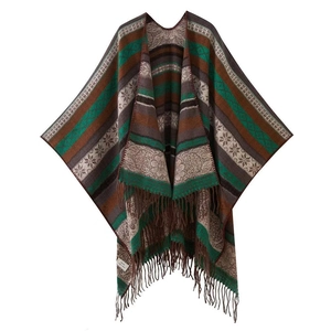 Bohemian vintage ethnic striped color-block shawl with fringe, cozy and warm winter layer.