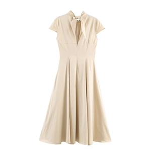 Elegant beige short sleeve midi dress with tie-neck and slim waist design