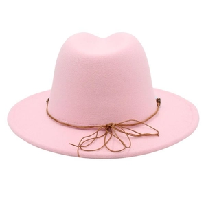Close-up of pink wool fedora hat featuring a brown braided rope decorative band