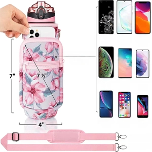Pink floral water bottle sleeve with adjustable strap and 7-inch phone pocket dimensions