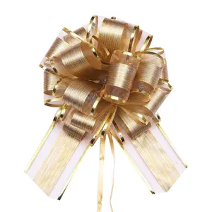 50# Large wood grain texture Christmas gift bow with gold trim and ribbon tails