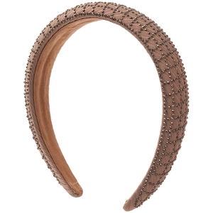 Padded beige headband with mesh rhinestone pattern and non-slip velvet inner lining
