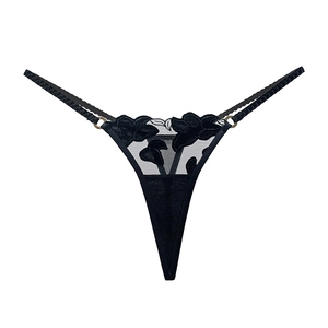 Sexy black velvet floral embroidery thong with mesh panels and adjustable metal ring straps