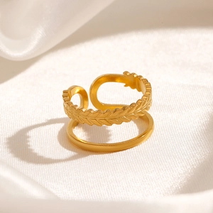 Bague double rangée dorée en acier inoxydable avec motif épi de blé et taille réglable
