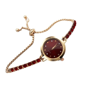 Elegant gold quartz bracelet watch for women featuring a deep red dial and rhinestone details