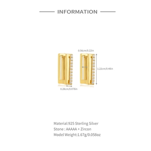 Detailed dimensions of gold S925 silver rectangle earrings with zircon stones