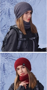 Detail of diamond-knit winter beanie and neck gaiter set in grey and wine red colors