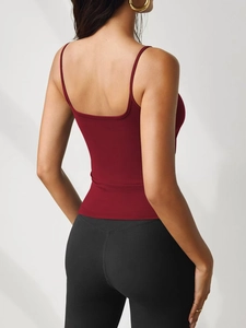 Back view of a slim-fit burgundy ribbed knit camisole with thin spaghetti straps