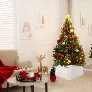 White plush faux fur Christmas tree skirt in a cozy Nordic living room setting