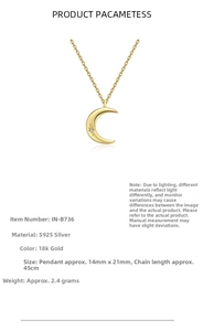 Detail specifications of 925 silver moon necklace with gold plating and dimensions