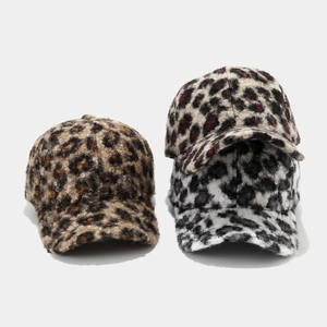 Plush leopard print baseball caps for women in brown and gray winter fleece styles