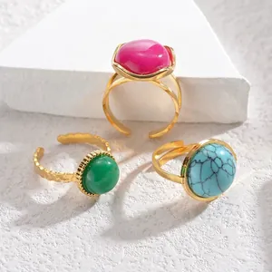 French Vintage Stainless Steel Open Ring For Women Adjustable Oval Stone Hammered Texture Aesthetic Finger Ring Jewelry Gift