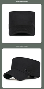 Detail view of black military cap featuring SPIRIT 3D embroidery and durable cotton twill