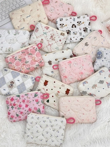 Mini Quilted Makeup Bag Padded Polyester Cartoon Animal Floral Print Zipper Storage Pouch Portable Handbag