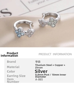 Detailed view of silver four-leaf clover earrings with zircon inlay and product specs