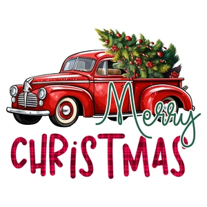Detail of vintage red truck with Christmas tree wall sticker and Merry Christmas slogan