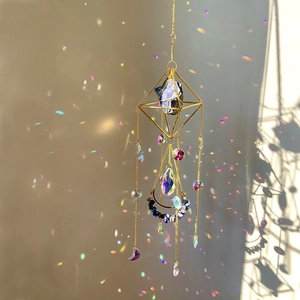Detail of crystal sun catcher with purple gemstone and prisms reflecting colorful light