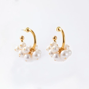 Freshwater Pearl Cluster Hoop Earrings With 925 Sterling Silver Earring Post Gold Plated Brass Elegant Jewelry For Women