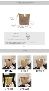 Detail of woven straw bucket bag with PU leather straps in five summer color options