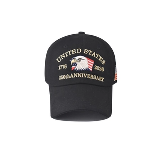 Detailed 3D embroidery of US 250th Anniversary eagle on black cotton baseball cap