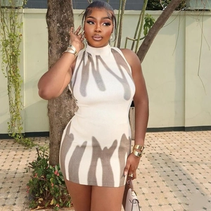 Women's sleeveless turtleneck bodycon dress featuring abstract fluid print in grey and white