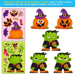 Close-up of 6-piece Halloween sticker set featuring cute ghosts, pumpkins and bats stickers